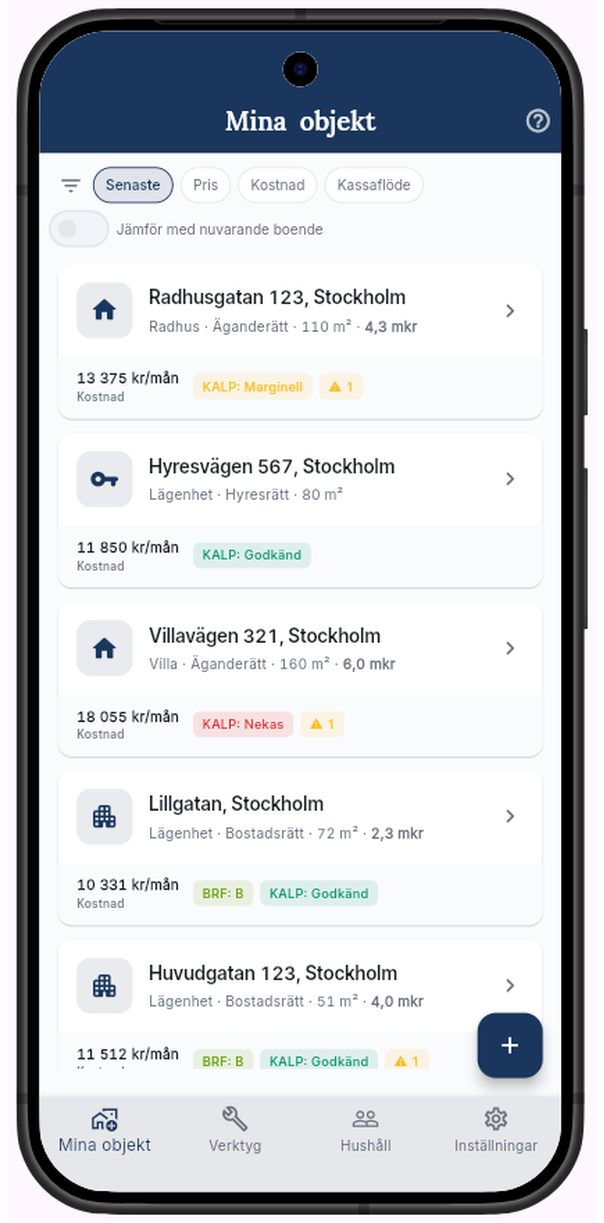 Jämförelse av bostäder i BoKalk
